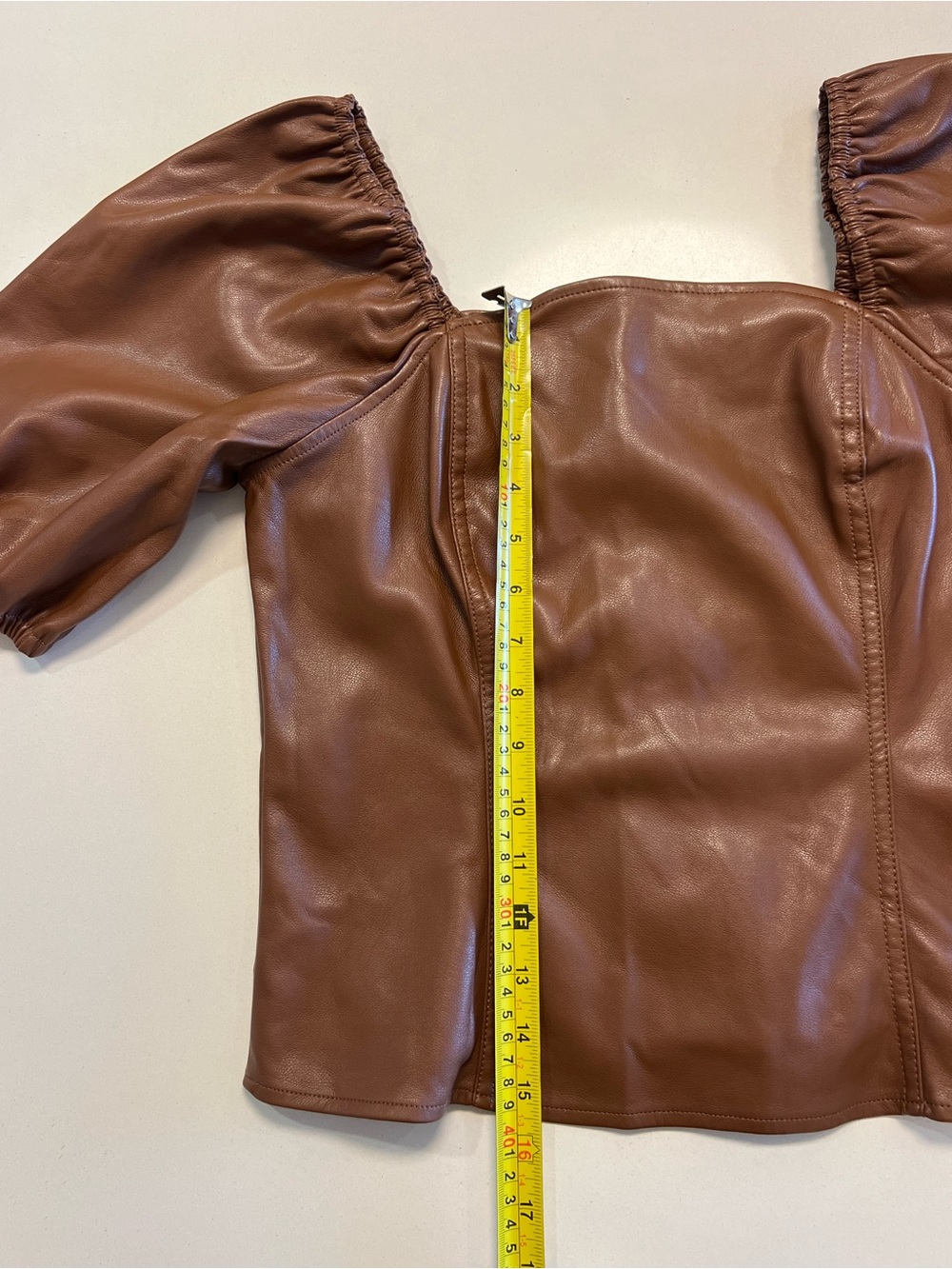 Marc New York Faux Leather Puff Sleeve Top Brown Chic Quiet Luxury 📐M - Picture 6 of 11